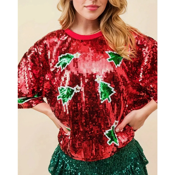 Boutique Tops - Oversized Red Sequins Top with Green Sequins Christmas Trees